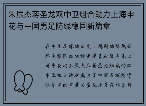 朱辰杰蒋圣龙双中卫组合助力上海申花与中国男足防线稳固新篇章